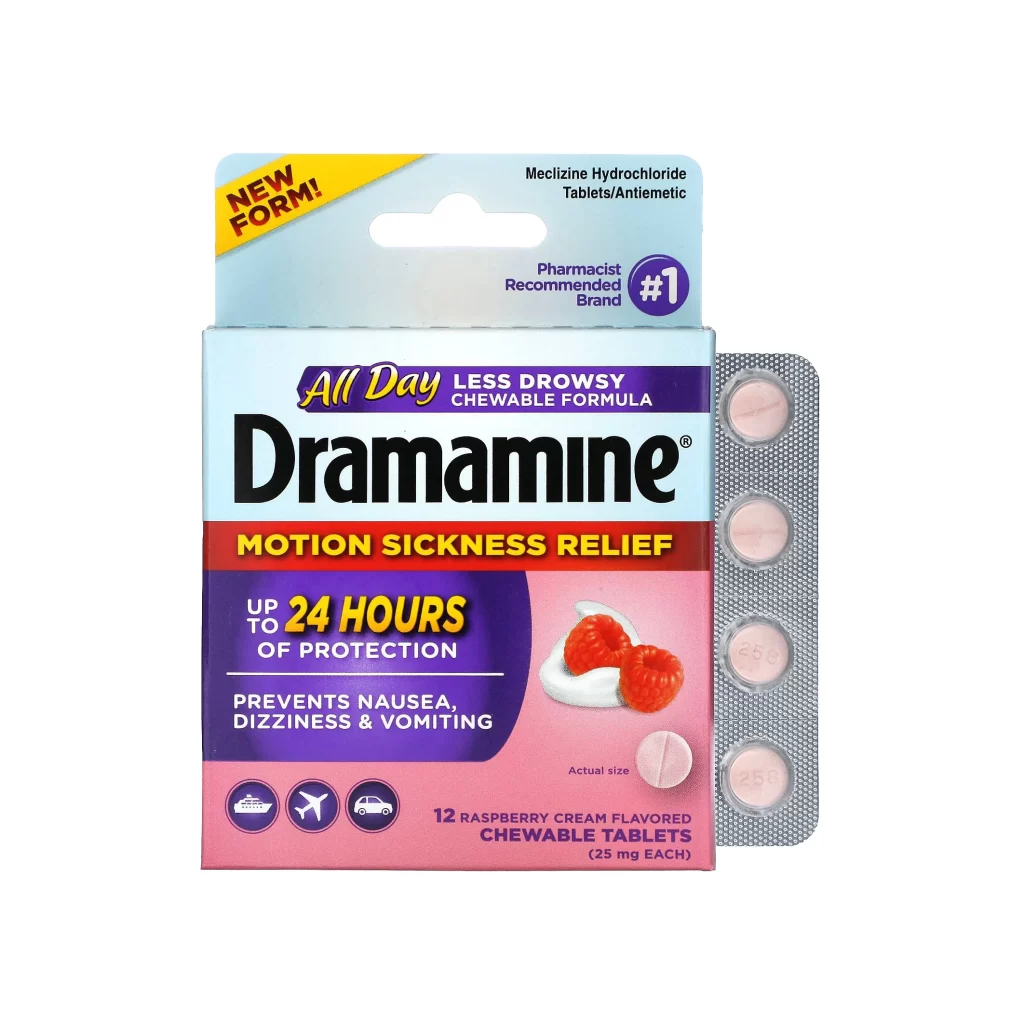 Dramamine Motion Sickness Relief Chewable Raspberry Cream 25 mg 12 Chewable Tabl Packaging