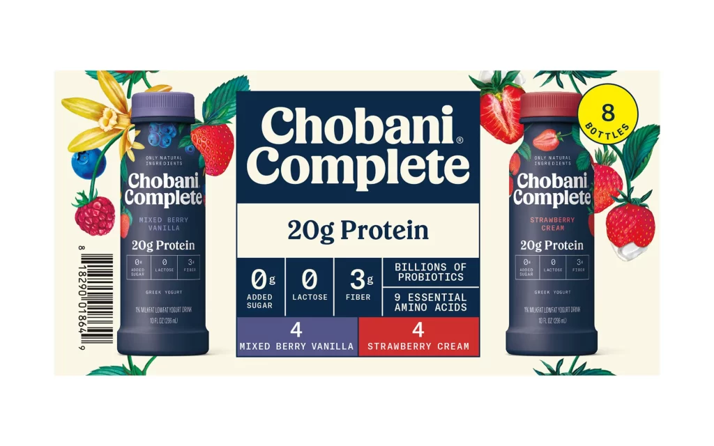 Chobani Complete Mixed Berry Vanilla Strawberry 8 Pack Packaging