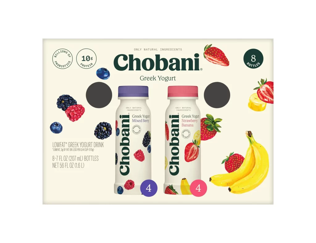Chobani Greek Yogurt Drink Mixed Berry Strawberry Banana 8 Pack Packaging