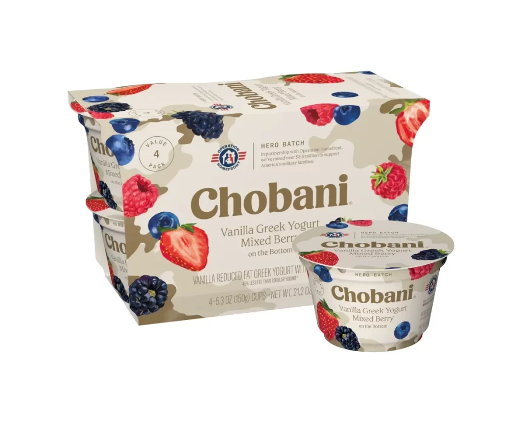 Chobani Greek Yogurt Vanilla Mixed Berry 4 Pack Packaging