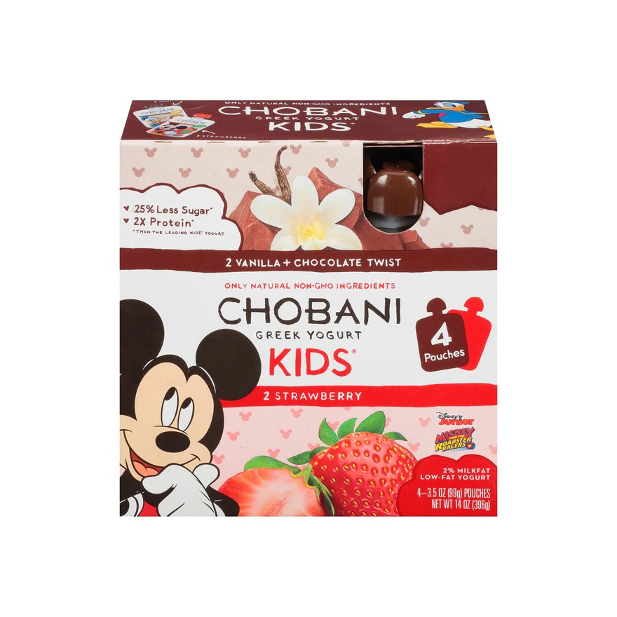 Chobani Kids 2 Vanilla + Chocolate Twist And 2 Strawberry 4 Pack Packaging