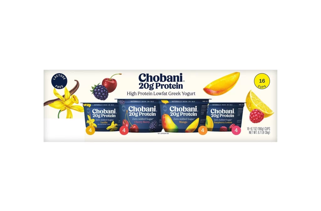 Chobani Protein Yogurt Vanilla Cherry Berry 16 Cups Packaging