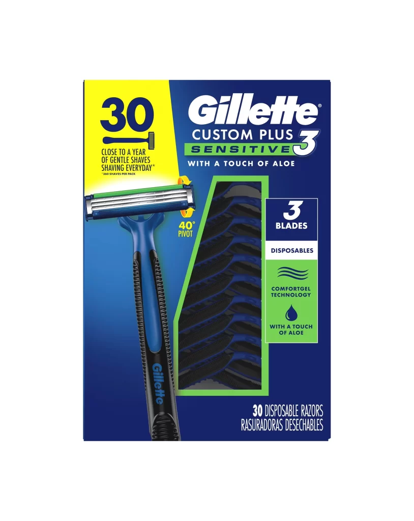 Gillette Custom Plus 3 Aloe 30 Disposable Razors Box Packaging