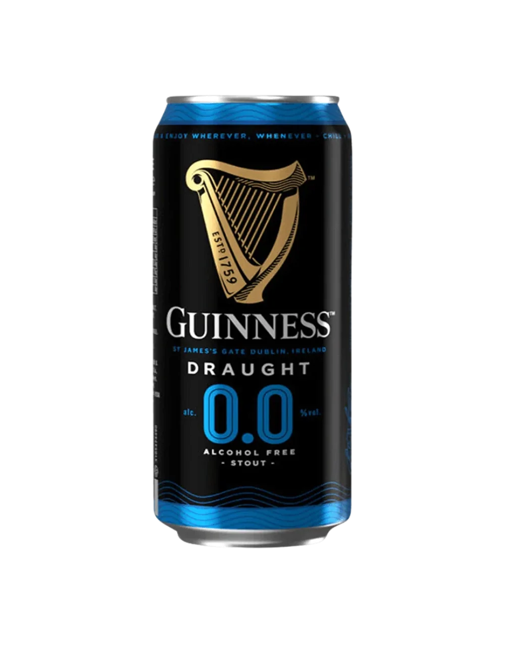 Guinness 0.0 non-alcoholic can packaging with gold harp