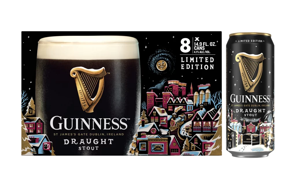 Guinness Draught Stout Eight Pack Cans Packaging Snowy Village