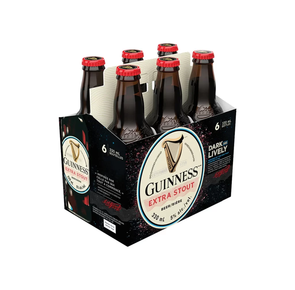 Guinness Extra Stout Six Pack Bottles Packaging Angled View