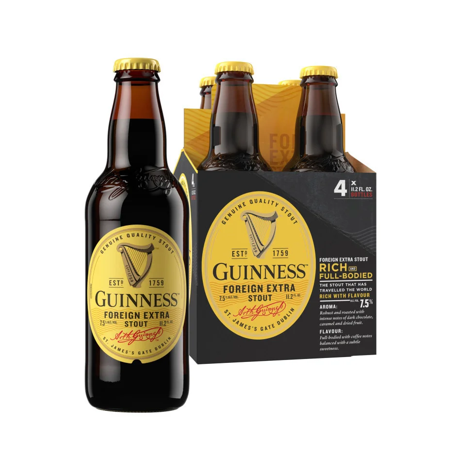 Guinness Foreign Extra Stout Four Pack Bottles Packaging