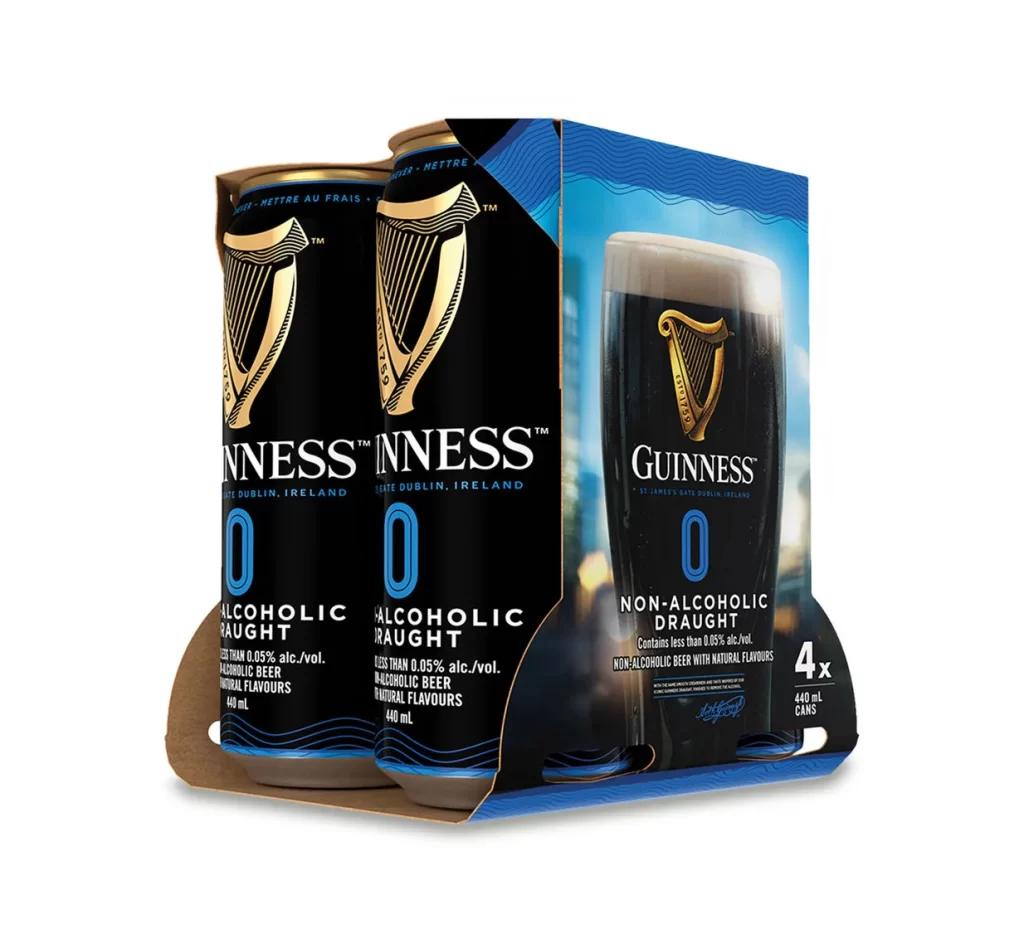 Guinness Non Alcoholic Draught Four Pack Cans Packaging Angled View