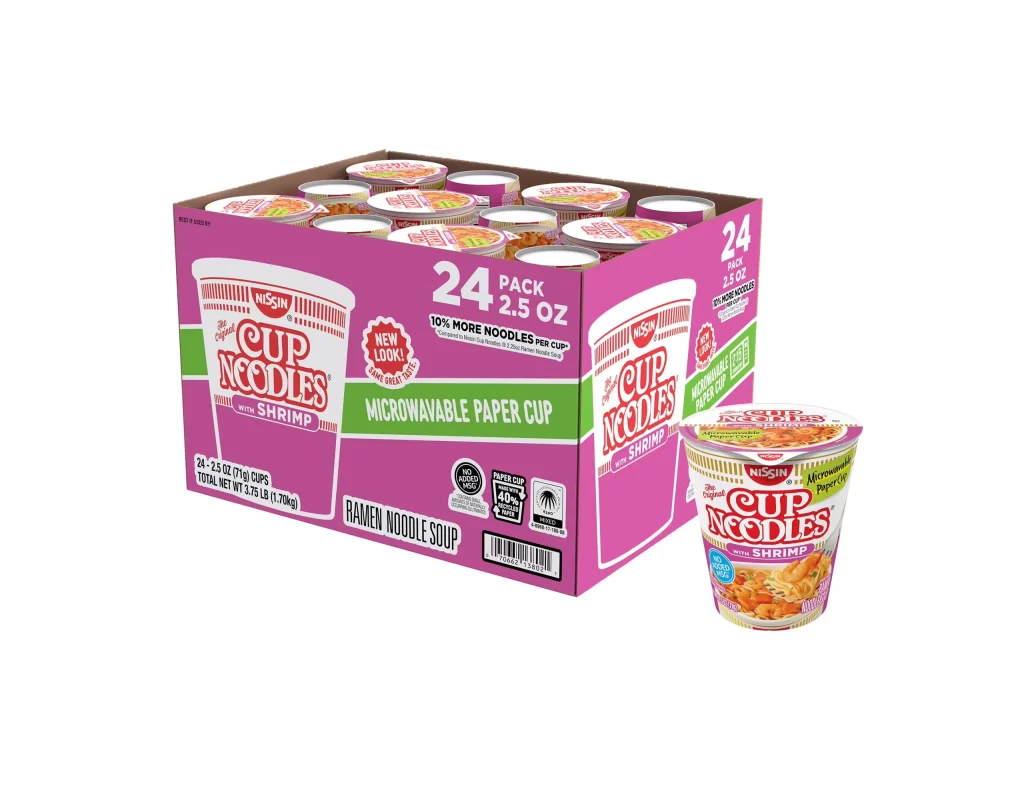 Nissin Cup Noodles Shrimp Flavor 24 Pack Carton With Cup Packaging