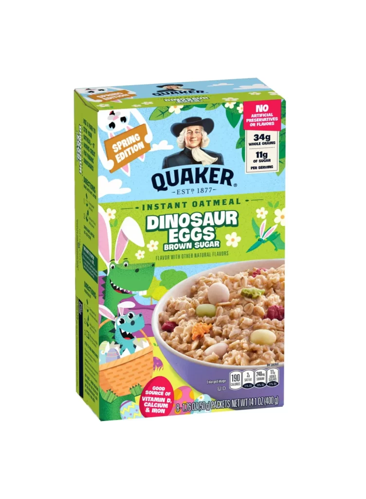 Quaker Dinosaur Eggs Brown Sugar Spring Edition Oatmeal Box Packaging