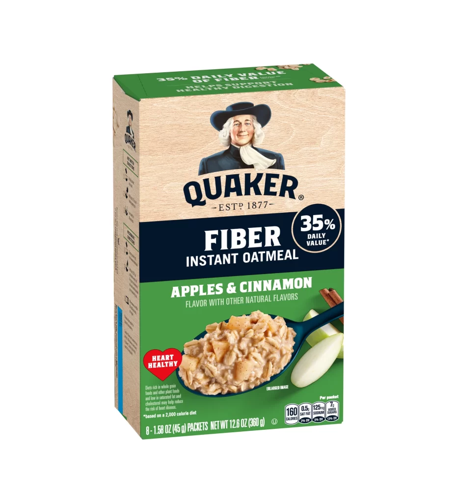 Quaker Fiber Instant Oatmeal Apples Cinnamon Box Packaging
