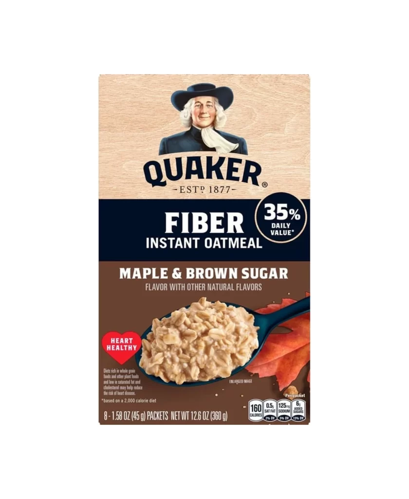 Quaker Fiber Instant Oatmeal Maple Brown Sugar Box Packaging