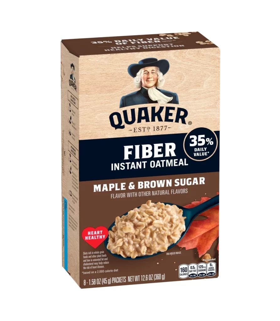 Quaker Fiber Instant Oatmeal Maple Brown Sugar Box Packaging