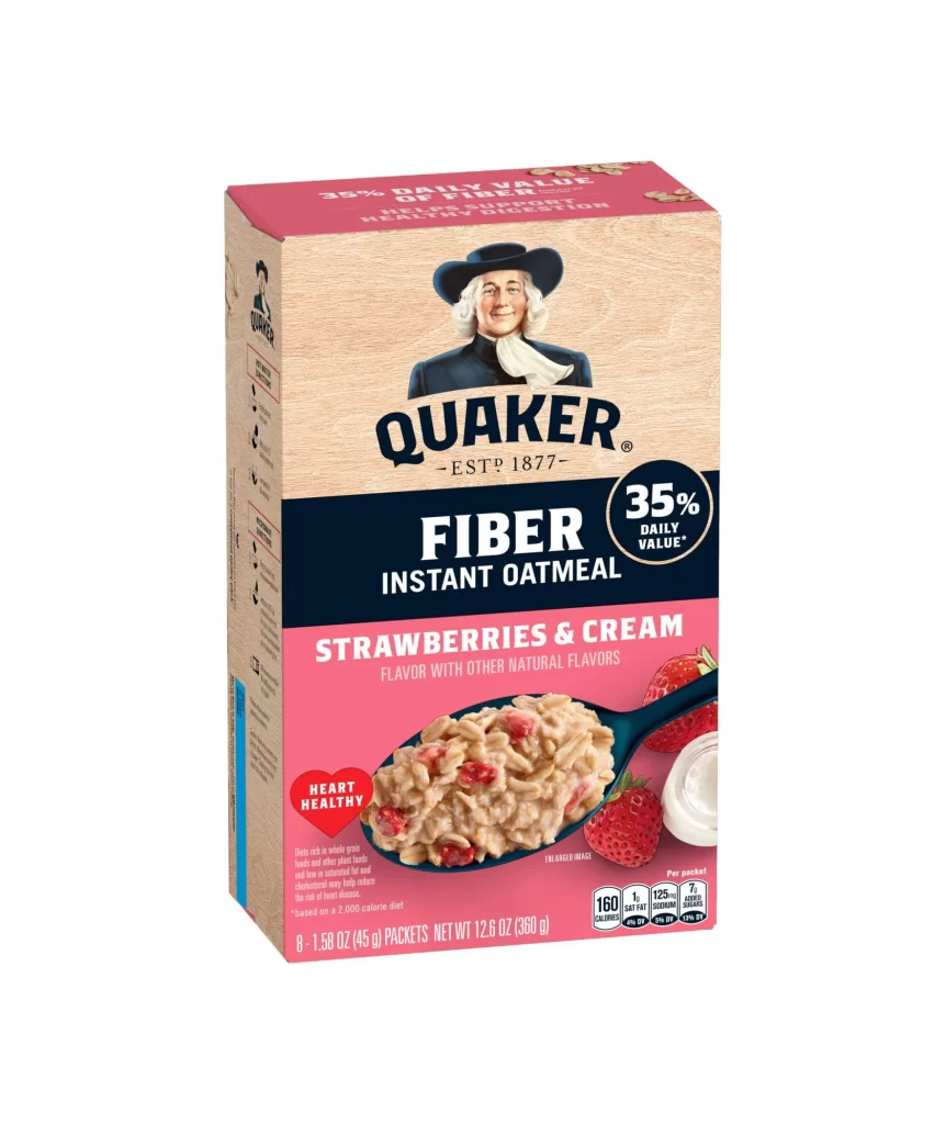 Quaker Fiber Instant Oatmeal Strawberries Cream Box Packaging