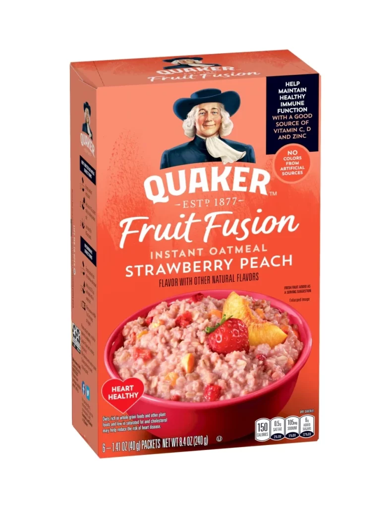 Quaker Fruit Fusion Instant Oatmeal Strawberry Peach Box Packaging