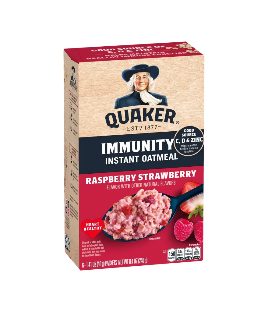 Quaker Immunity Instant Oatmeal Raspberry Strawberry Box Packaging
