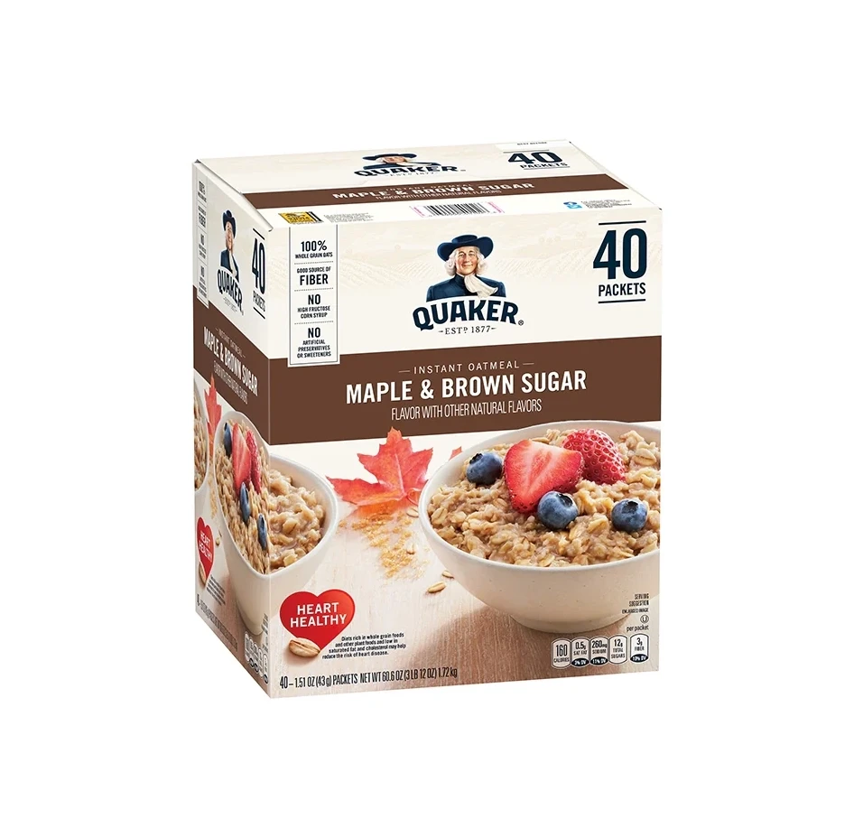 Quaker Instant Oatmeal Maple Brown Sugar 40 Packets Box Packaging