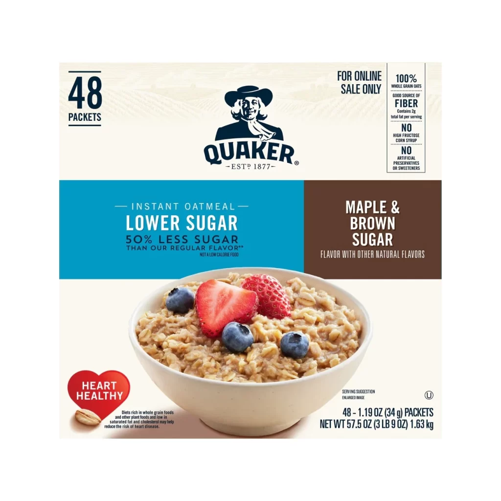 Quaker Lower Sugar Instant Oatmeal Maple Brown Sugar Box Packaging