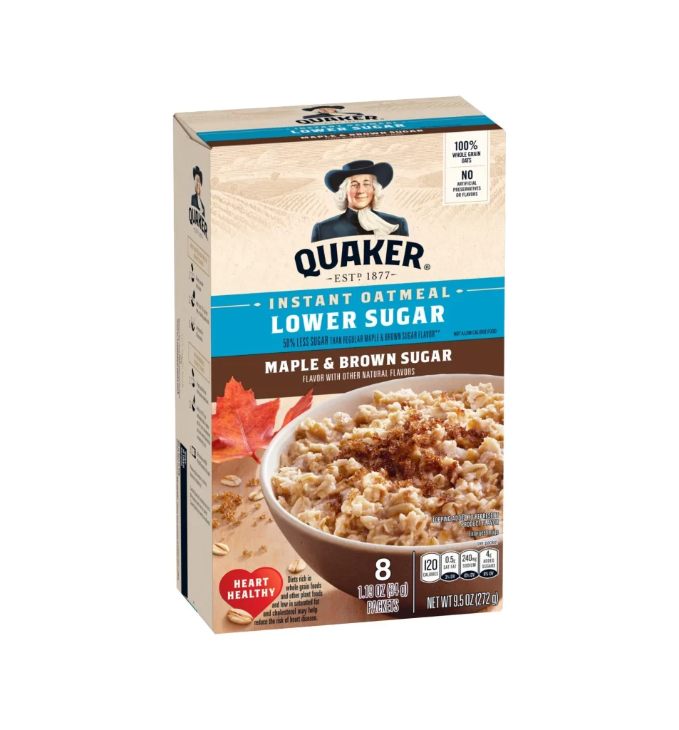 Quaker Lower Sugar Instant Oatmeal Maple Brown Sugar Box Packaging