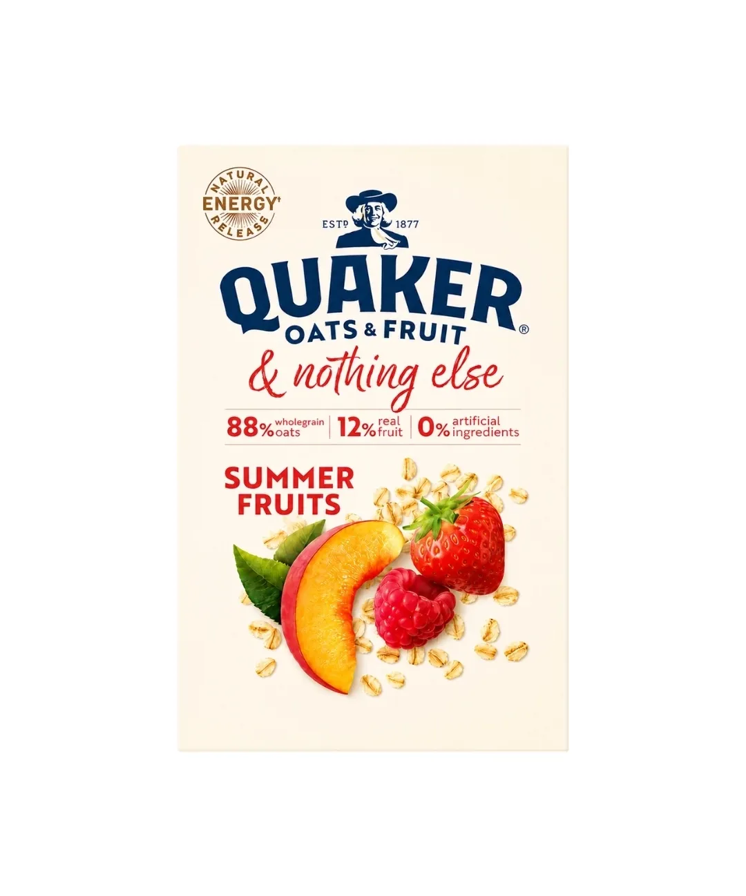 Quaker Fruit Summer Fruits oatmeal box with peach strawberry raspberry still life