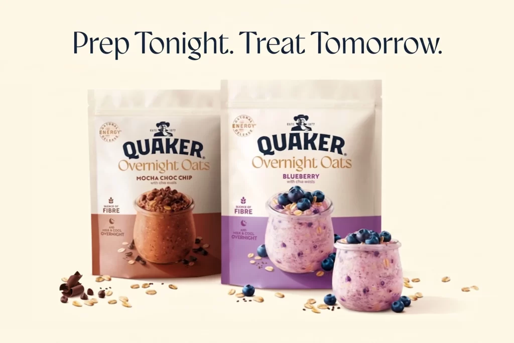 Quaker Overnight Oats Mocha Choc Chip Pouches Advertisement