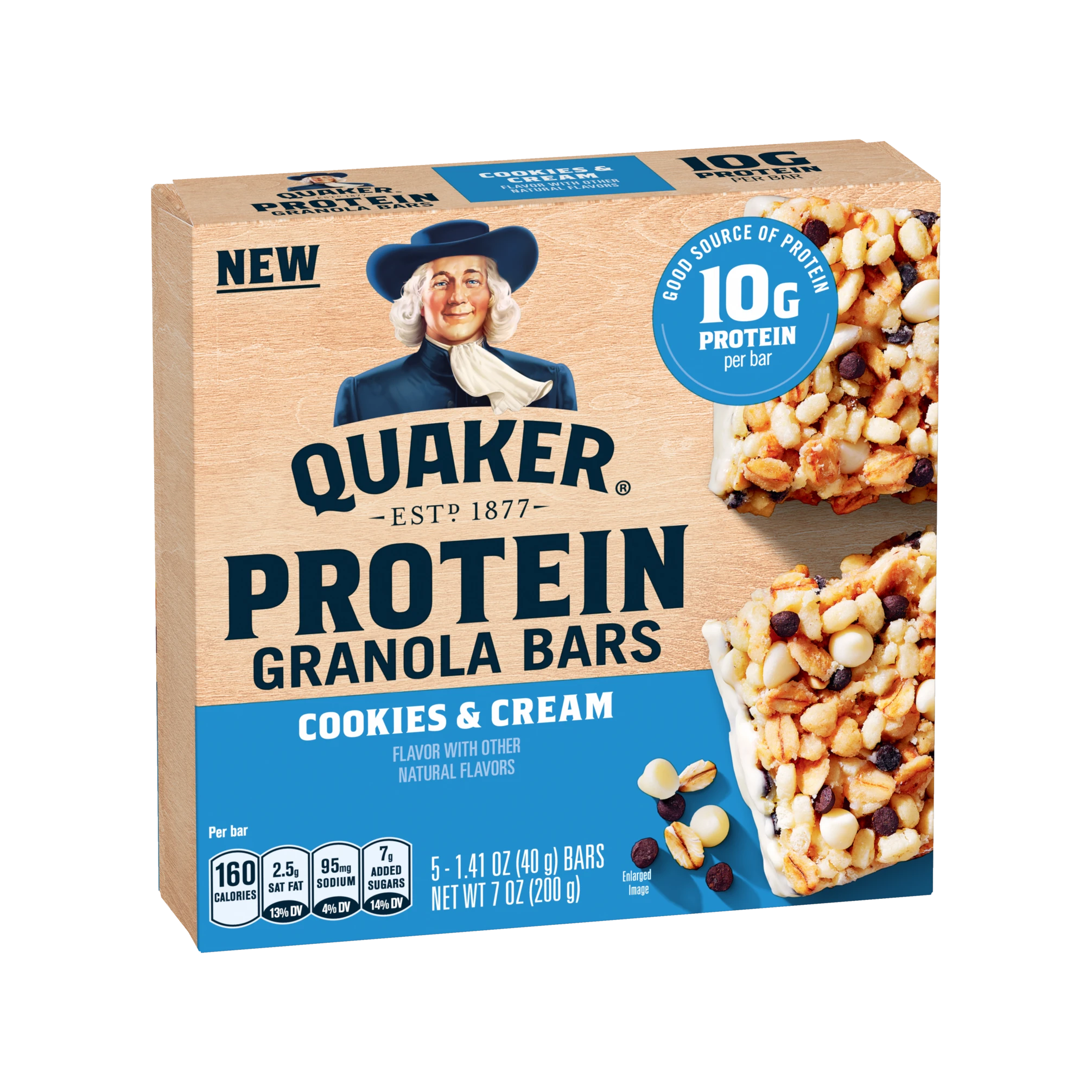 Quaker Protein Granola Bars Cookies and Cream box with 10g protein badge
