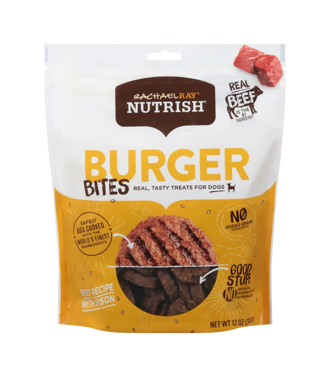 Rachael Ray Nutrish Burger Bites dog treats bag with yellow band and burger shaped treat
