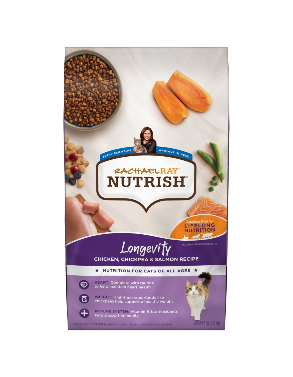 Rachael Ray Nutrish Longevity cat food bag with purple band and superfood ingredients