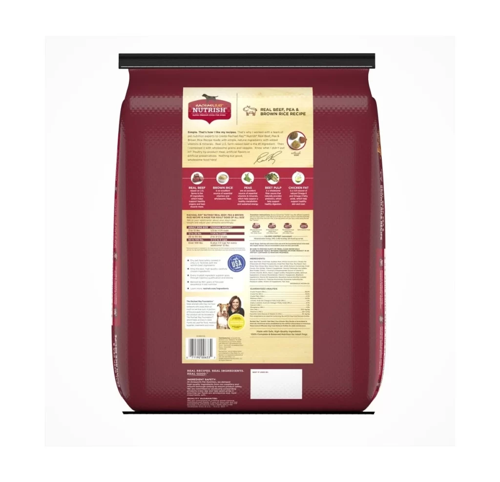 Rachael Ray Nutrish Real Beef Pea Brown Rice Recipe Dog Food Bag Packaging