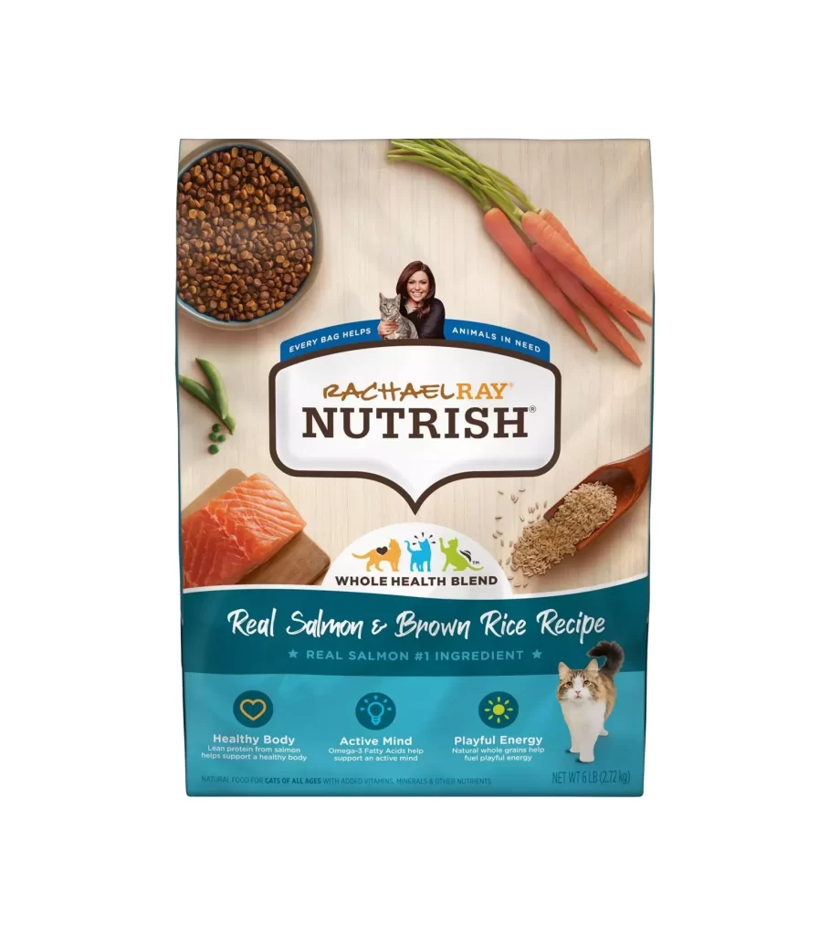 Rachael Ray Nutrish Real Salmon Brown Rice Recipe Cat Food Bag Packaging