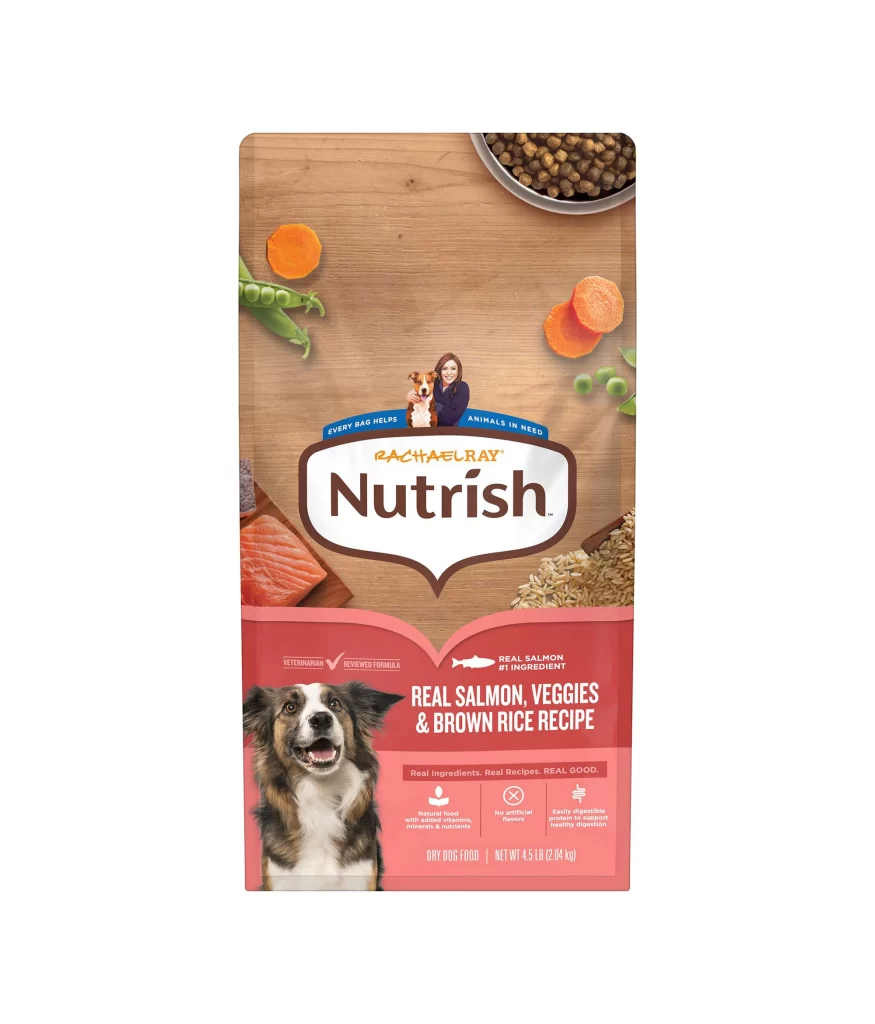 Rachael Ray Nutrish Real Salmon Veggies Brown Rice Dog Food Bag Packaging