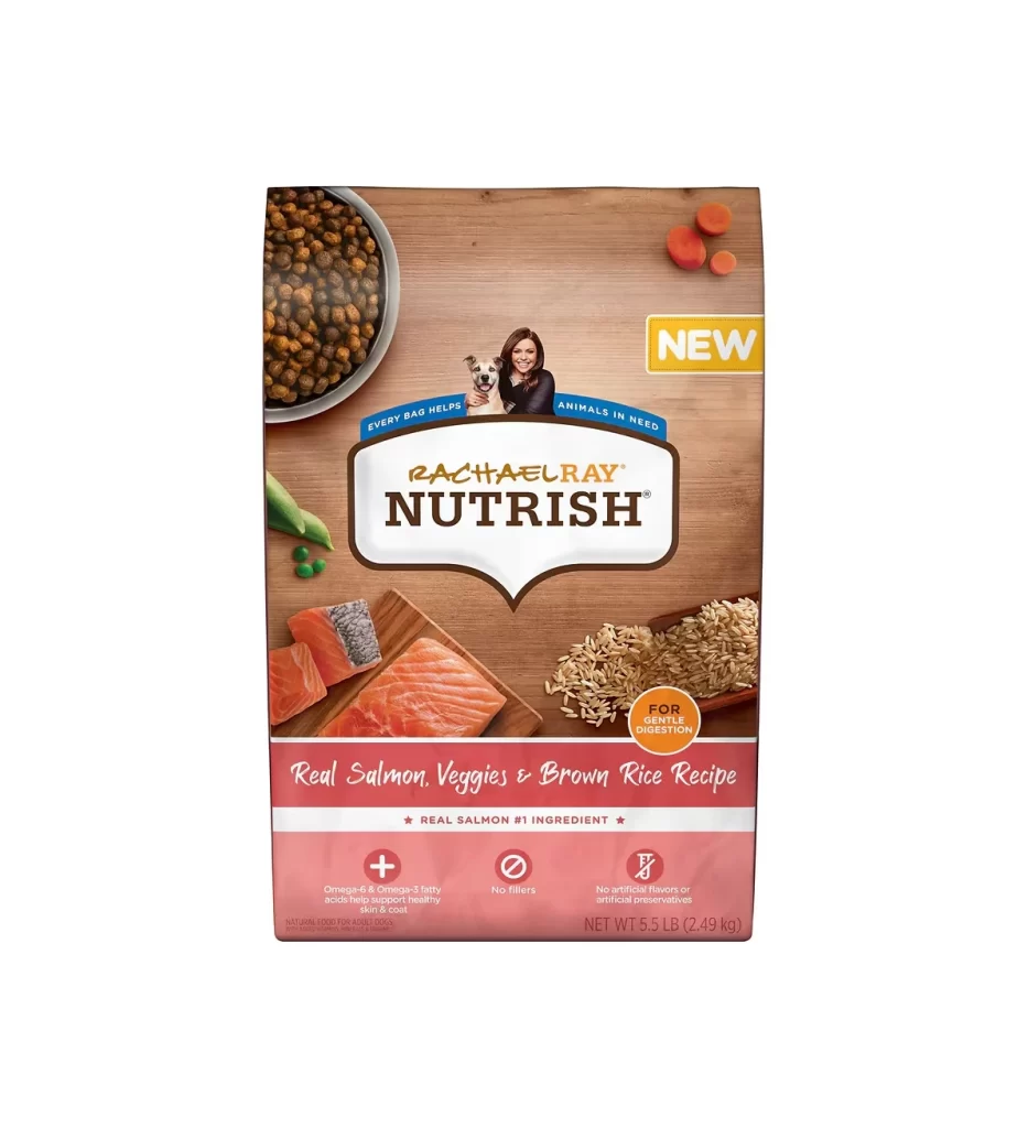 Rachael Ray Nutrish Real Salmon Veggies Brown Rice Dog Food Bag Packaging