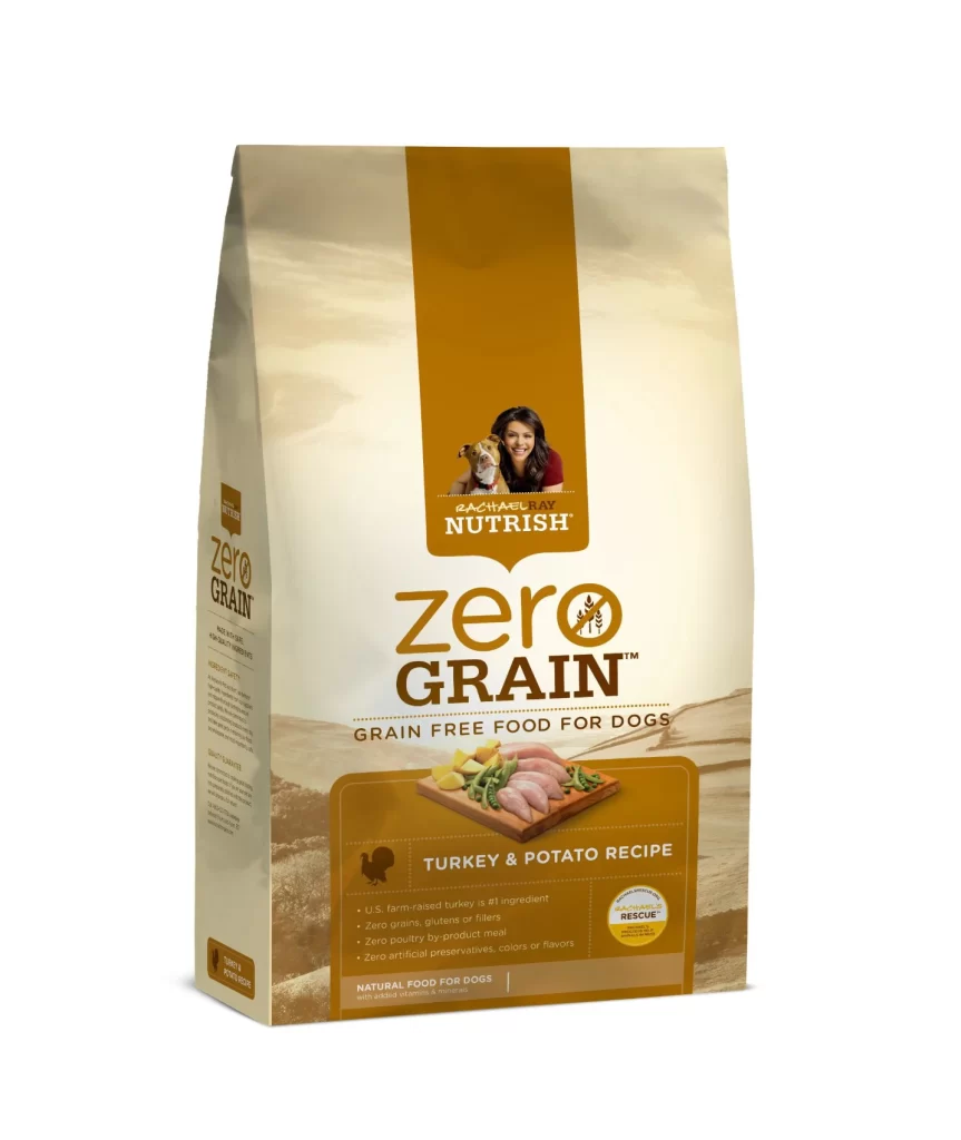 Rachael Ray Nutrish Zero Grain Turkey Potato Recipe Dog Food Bag Packaging
