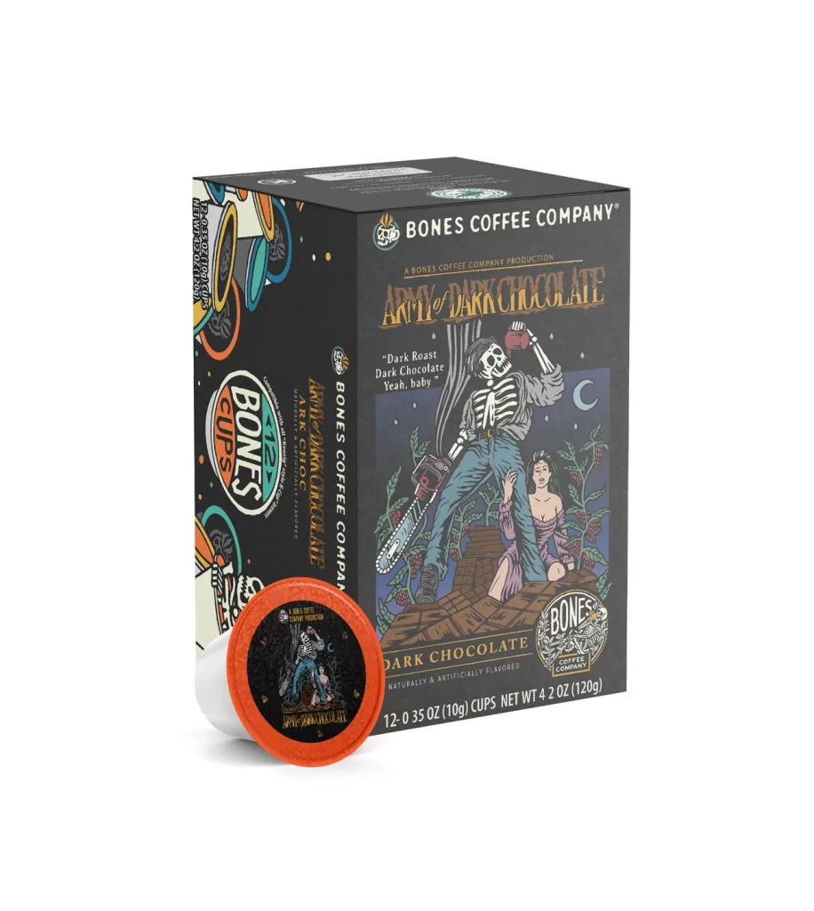 Bones Coffee Army of Dark Chocolate Single Serve Cups Packaging