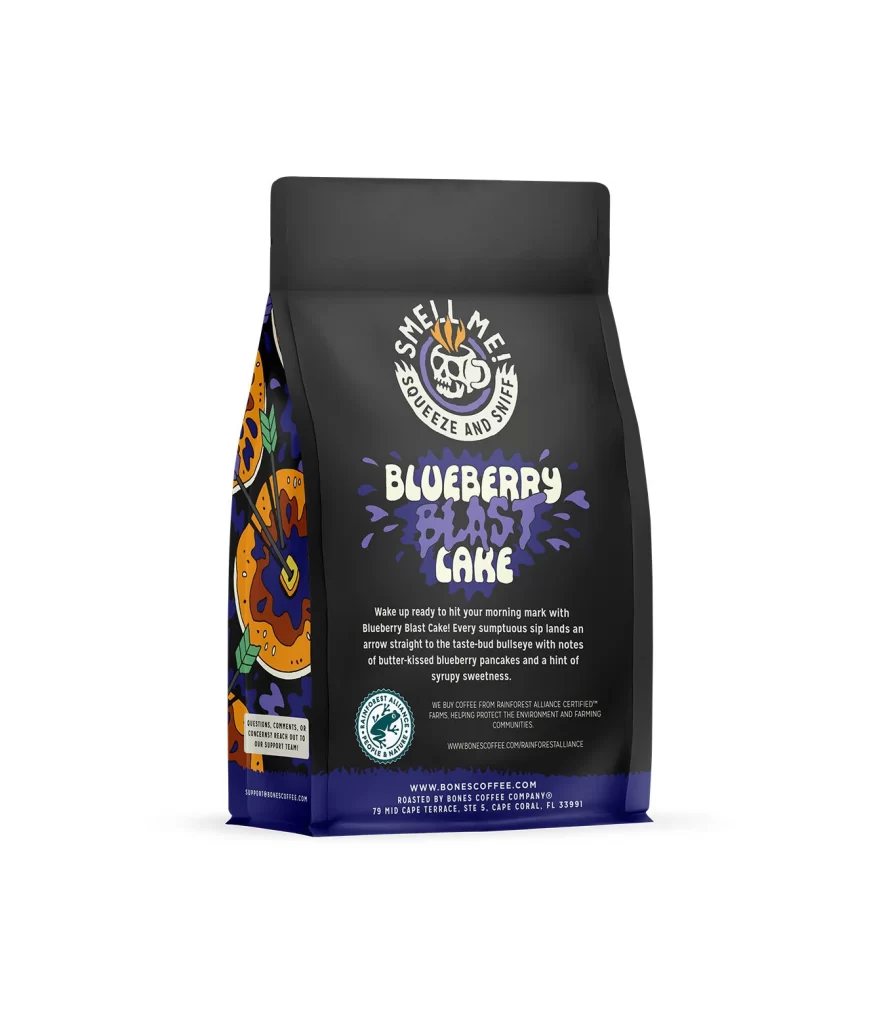 Bones Coffee Blueberry Blast Cake Ground Coffee Bag Back Packaging