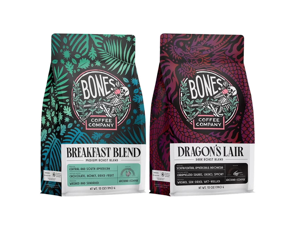 Bones Coffee Breakfast Blend and Dragons Lair 12 oz Bundle Packaging