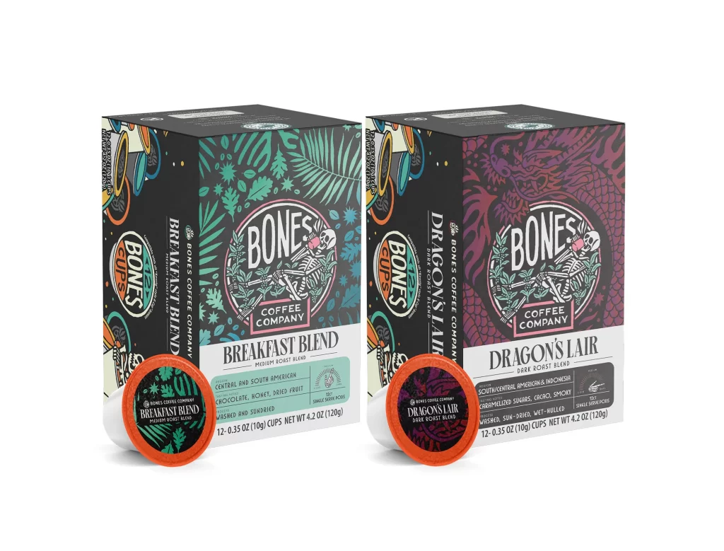 Bones Coffee Breakfast Blend and Dragons Lair Box of Cups Bundle Packaging