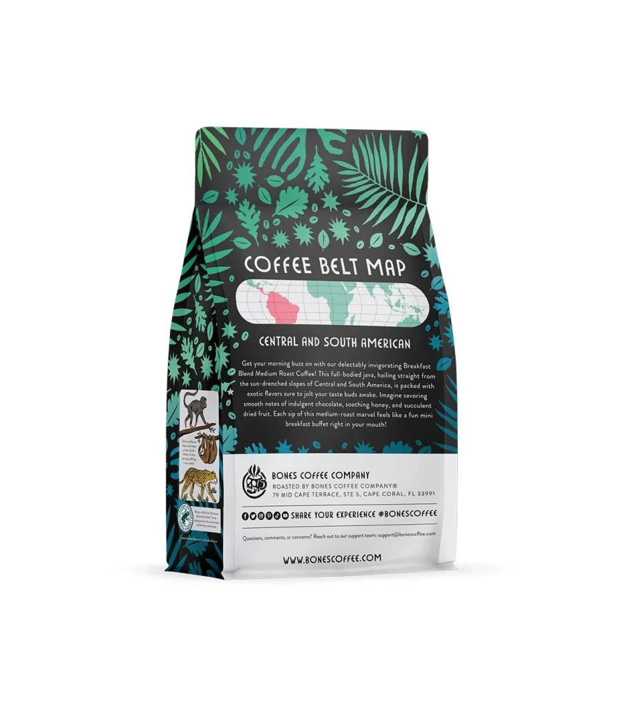 Bones Coffee Breakfast Blend Medium Roast Coffee Bag Back Packaging 2