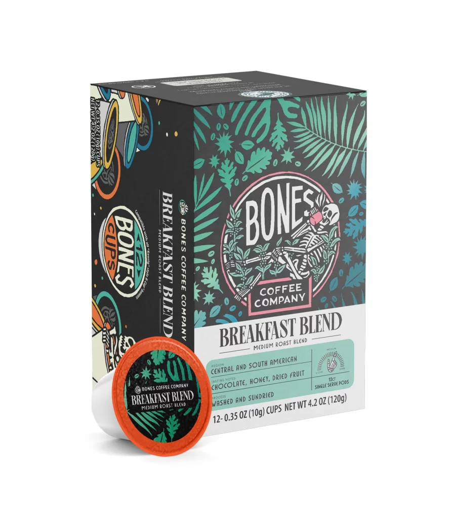 Bones Coffee Breakfast Blend Single Serve Cups Front Packaging
