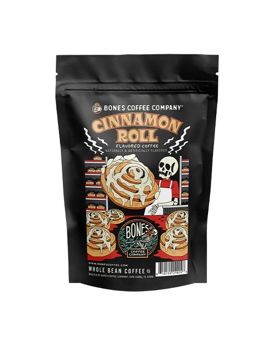 Bones Coffee Cinnamon Roll 4 oz Coffee Bag Packaging