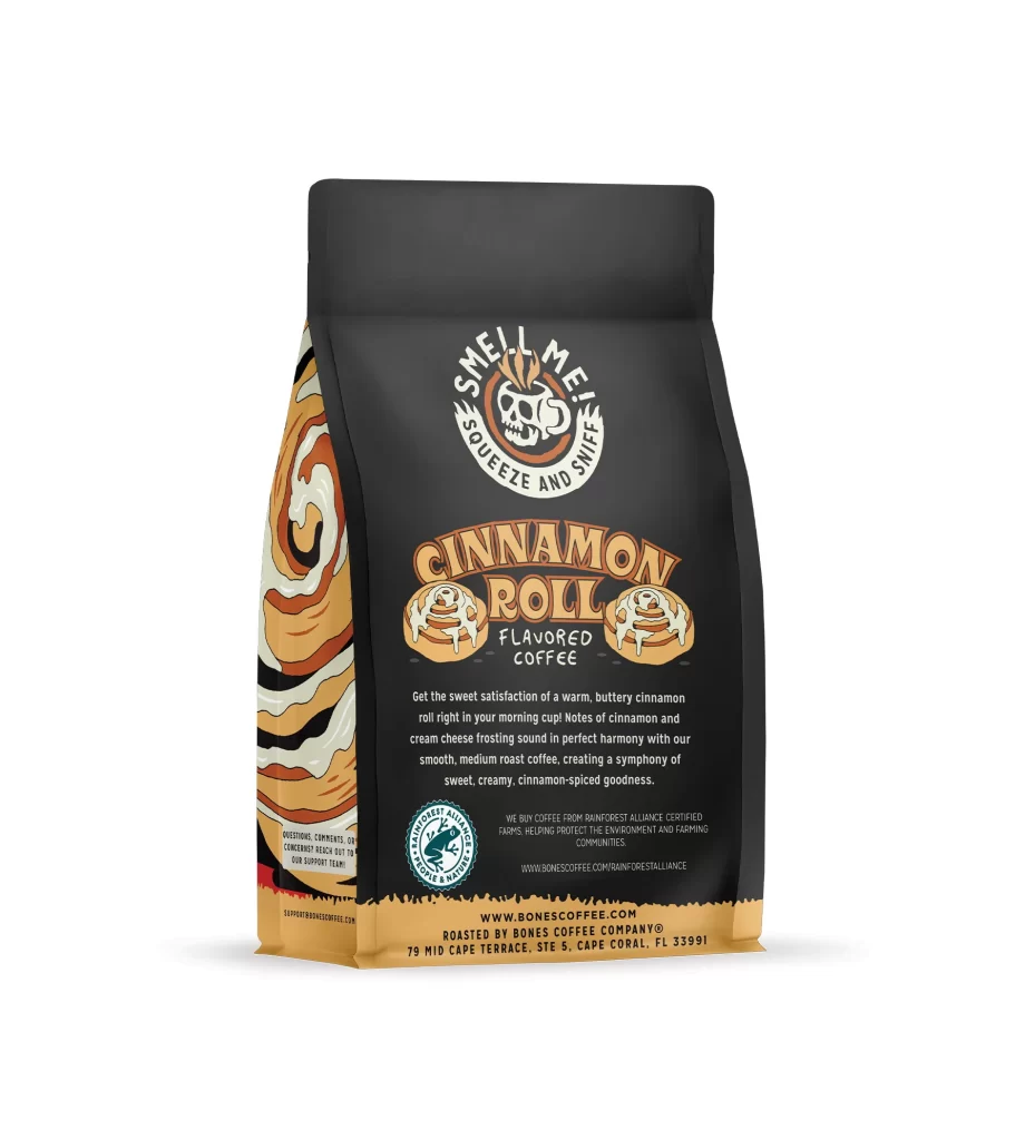 Bones Coffee Cinnamon Roll Coffee Bag Back Packaging