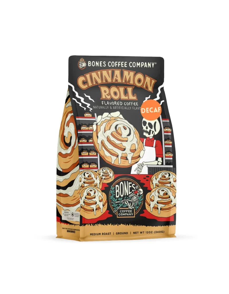 Bones Coffee Cinnamon Roll Decaf Ground Coffee Bag Front Packaging