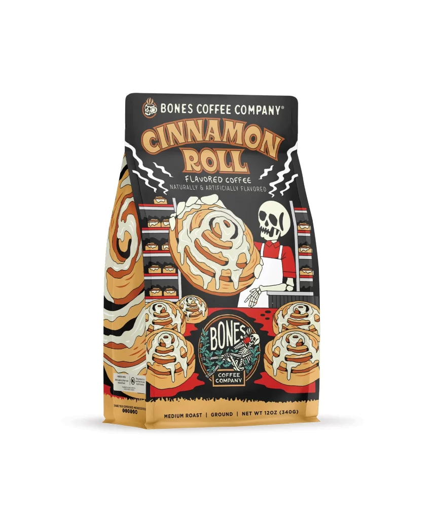 Bones Coffee Cinnamon Roll Ground Coffee Bag Front Packaging