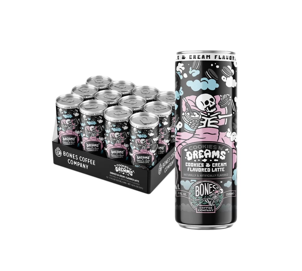 Bones Coffee Cookies N Dreams Flavored Latte Cans 12 Pack Packaging