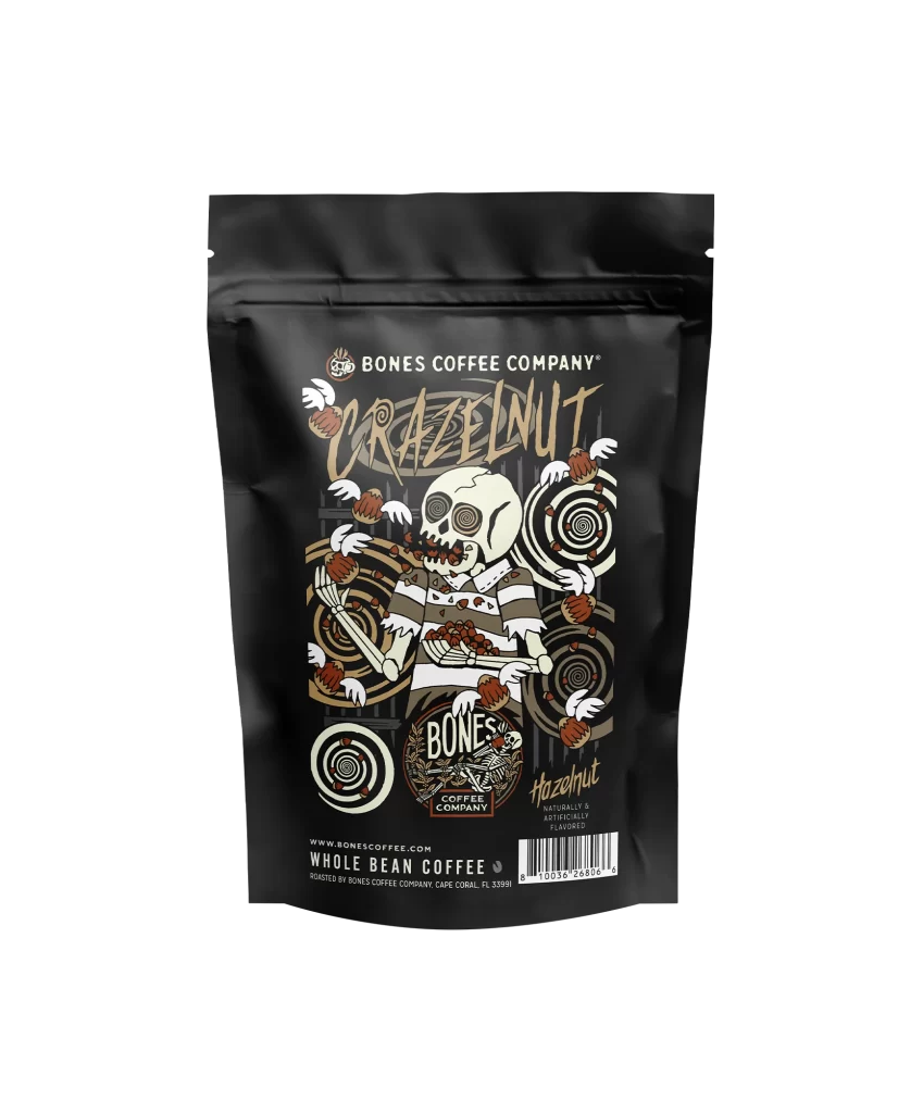 Bones Coffee Crazelnut 4 oz Ground Coffee Bag Packaging