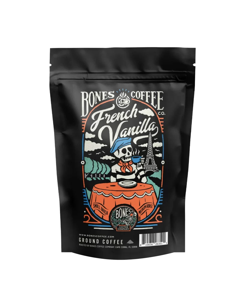 Bones Coffee French Vanilla 4 oz Ground Coffee Bag Packaging