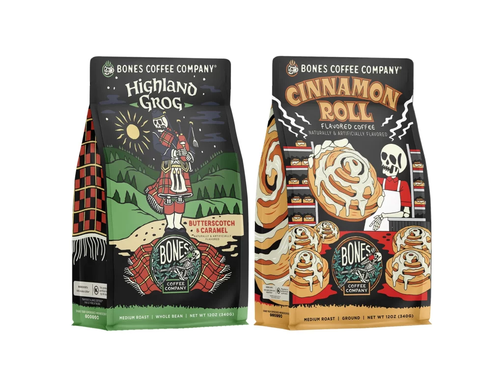 Bones Coffee Highland Grog and Cinnamon Roll 12 oz Bundle Packaging