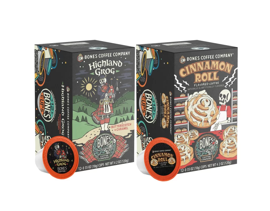 Bones Coffee Highland Grog and Cinnamon Roll Box of Cups Bundle Packaging
