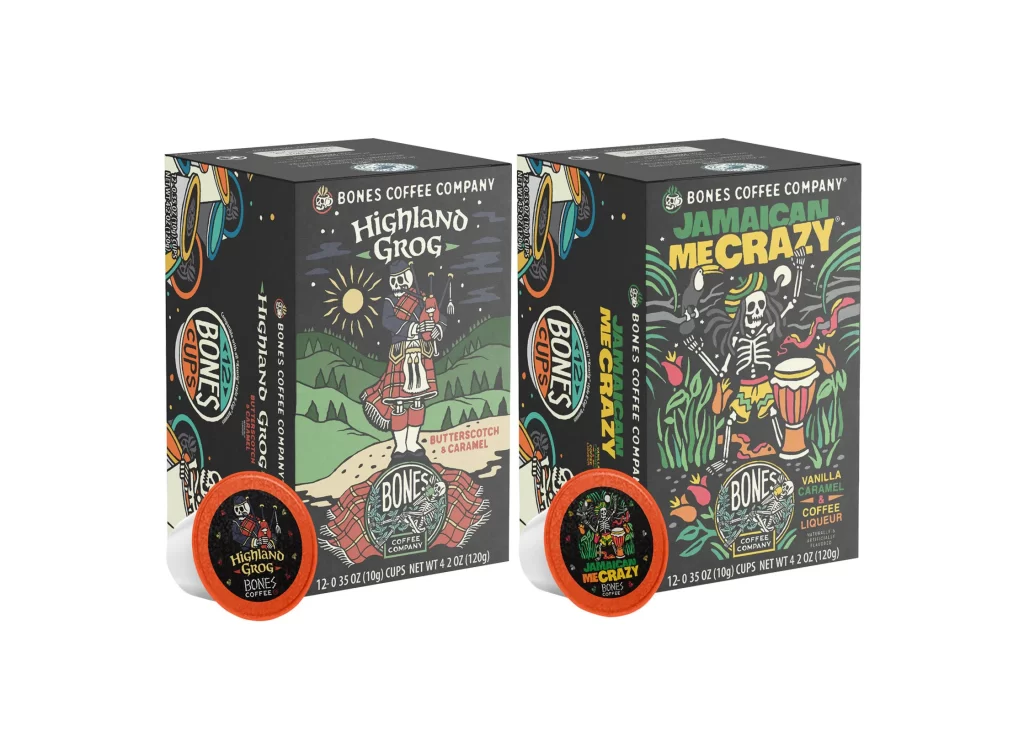 Bones Coffee Highland Grog and Jamaican Me Crazy Box of Cups Bundle Packaging