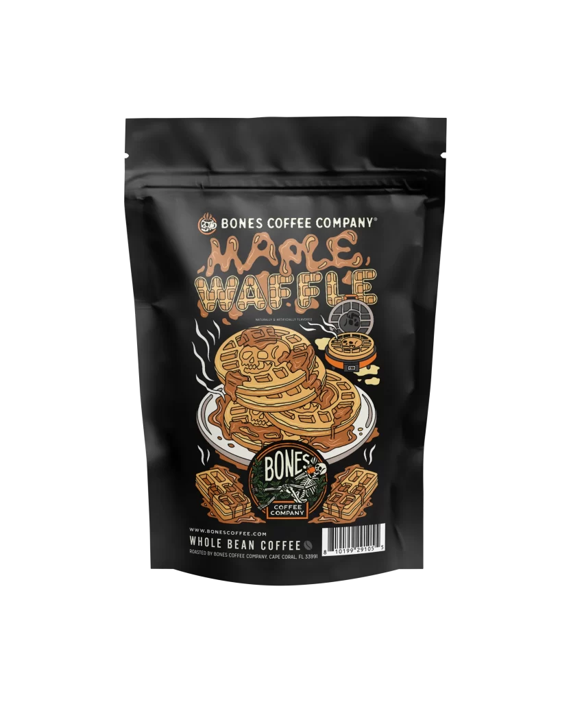 Bones Coffee Maple Waffle 4 oz Whole Bean Coffee Bag Packaging